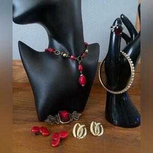 Vintage Red and Gold Jewelry Set, earrings, ring, bangle, brooch